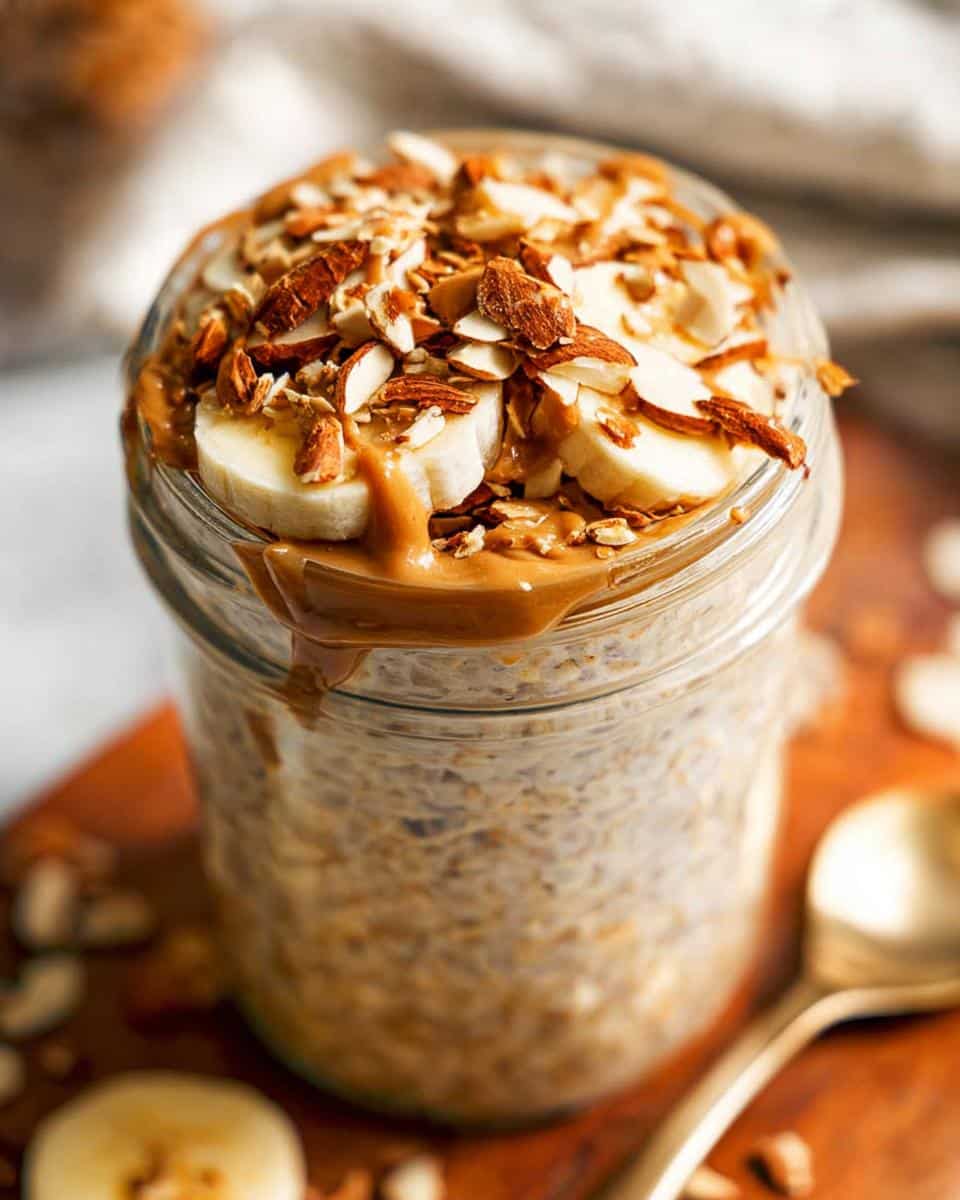 Close-up of Almond Butter Overnight Oats topped with sliced bananas and slivered almonds.