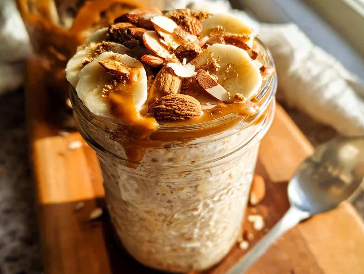 Close-up of Almond Butter Overnight Oats topped with banana slices, almonds, and a drizzle of almond butter sauce.