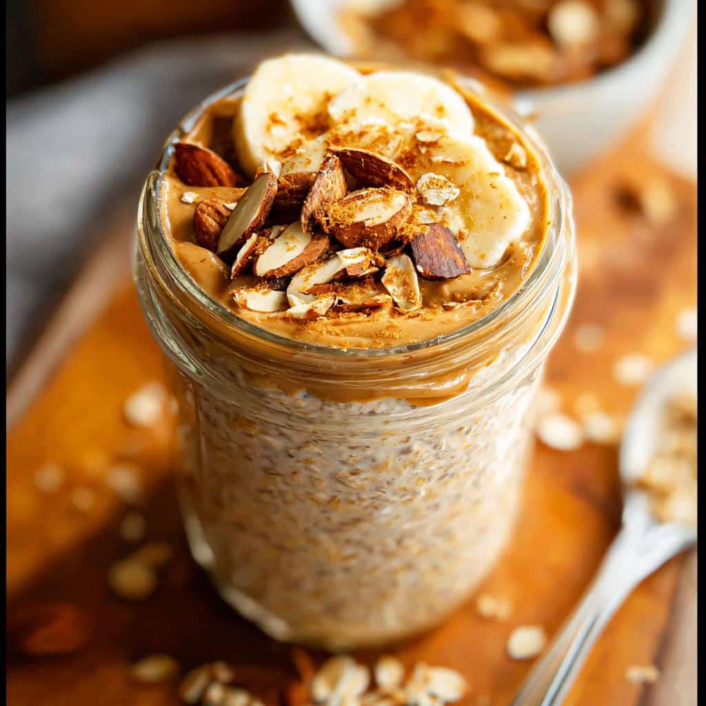 Close-up of Almond Butter Overnight Oats topped with sliced bananas and toasted almonds in a glass jar.