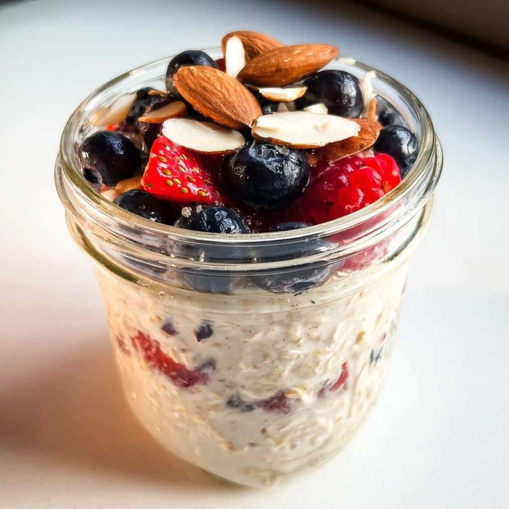 A close-up of Almond Milk Overnight Oats topped with fresh blueberries, strawberries, raspberries, and sliced almonds in a glass jar.