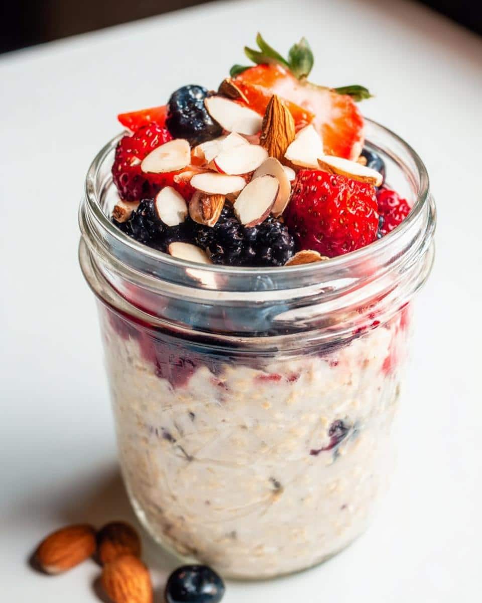 Close-up of Almond Milk Overnight Oats in a jar, topped with fresh strawberries, blueberries, blackberries, and sliced almonds.
