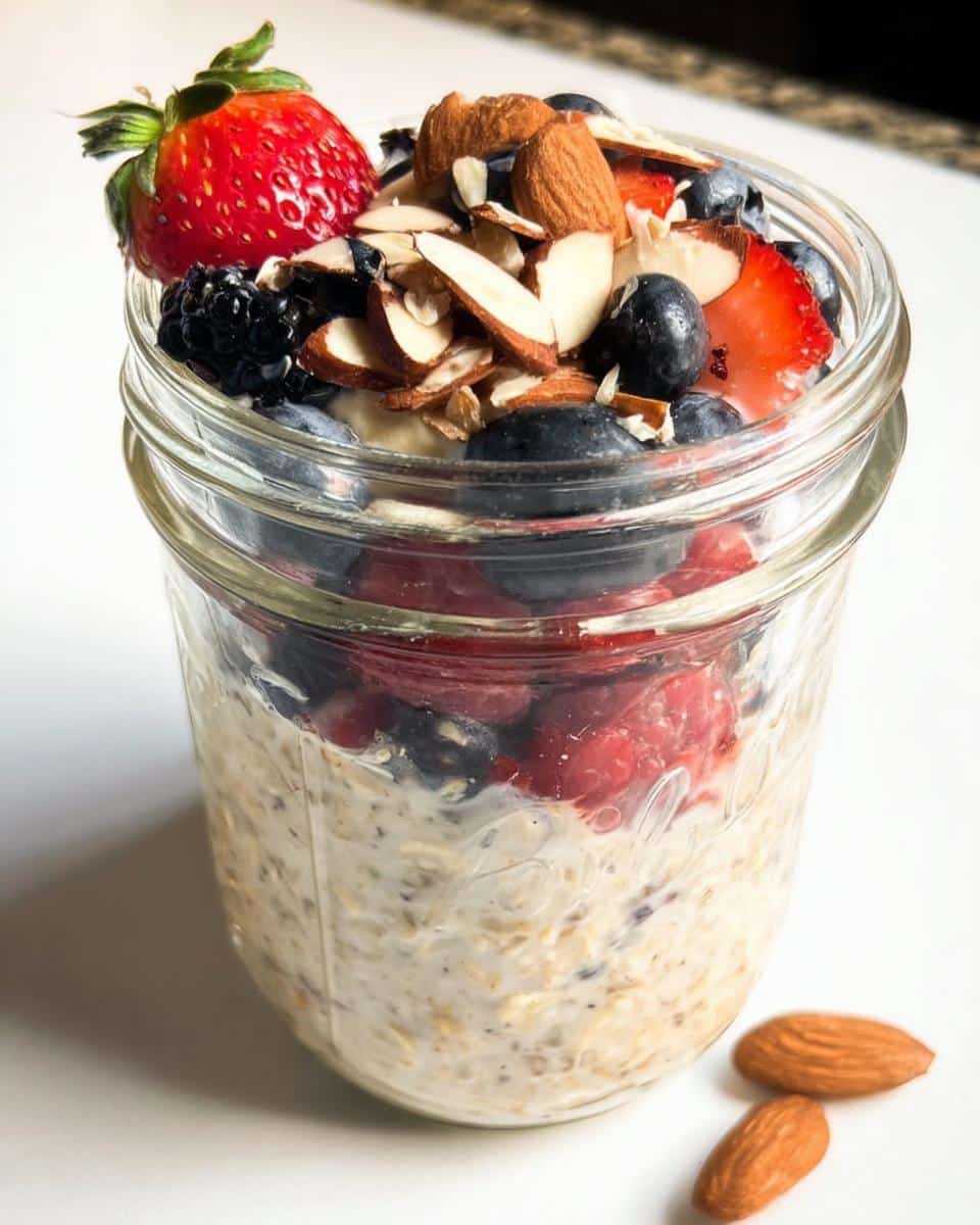 Close-up of Almond Milk Overnight Oats in a mason jar, topped with fresh berries and sliced almonds.
