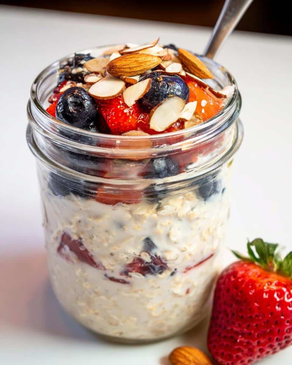 Close-up of Almond Milk Overnight Oats in a jar, topped with fresh blueberries, strawberries, and sliced almonds.
