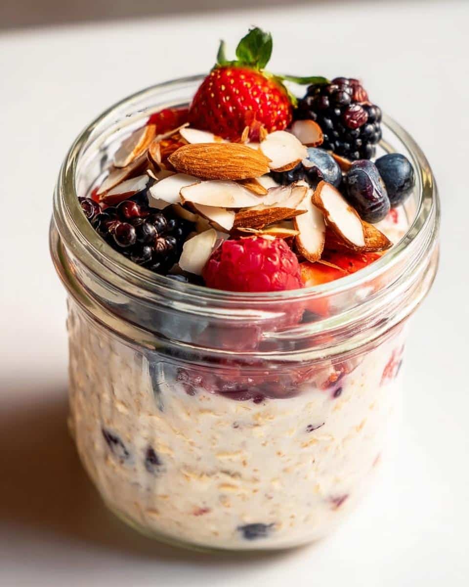 Close-up of Almond Milk Overnight Oats in a jar, topped with mixed berries and sliced almonds.
