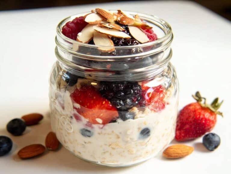 A glass jar filled with Almond Milk Overnight Oats layered with fresh berries and topped with sliced almonds.