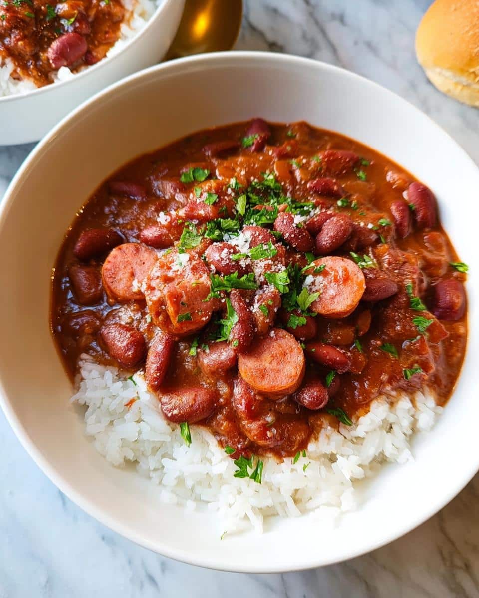 Close-up of a bowl of hearty Red Beans and Rice topped with sliced sausage, parsley, and cheese.