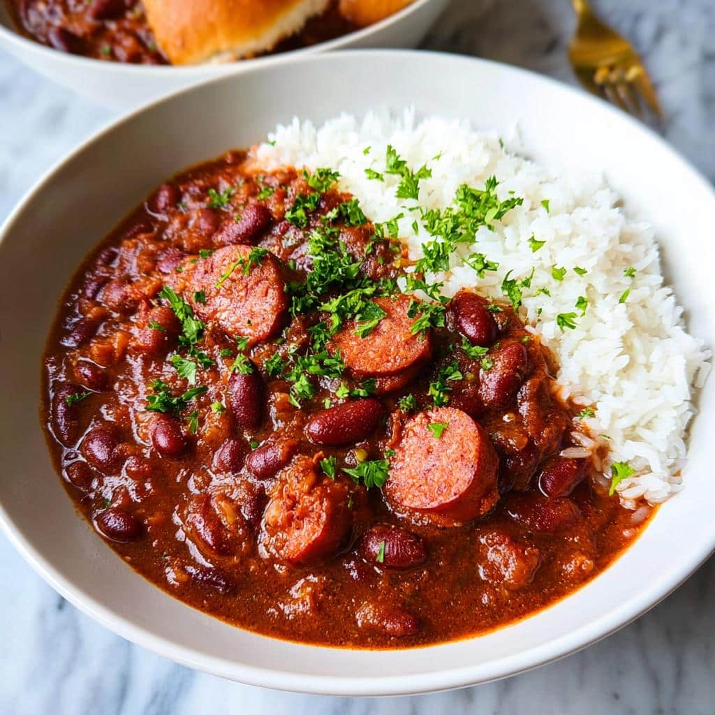 Close-up of a bowl of rich, savory Red Beans and Rice topped with sliced sausage and fresh parsley.