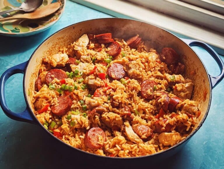 A blue enameled Dutch oven filled with steaming Cajun Jambalaya featuring rice, smoked sausage, and chicken pieces.