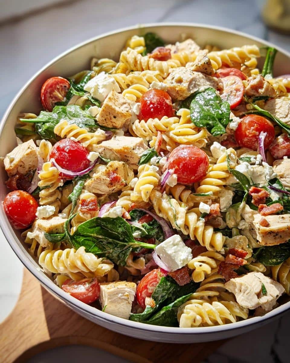 Close-up overhead shot of a bowl filled with creamy Chicken Pasta Salad featuring rotini pasta, grilled chicken chunks, cherry tomatoes, and feta cheese.