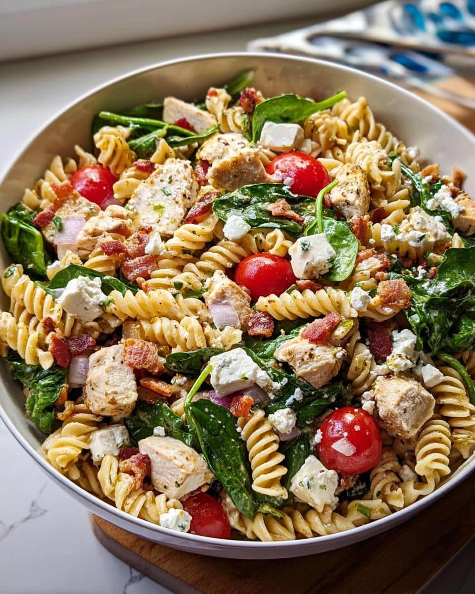 A close-up view of a large bowl filled with vibrant Chicken Pasta Salad featuring rotini pasta, grilled chicken chunks, spinach, tomatoes, and feta cheese.