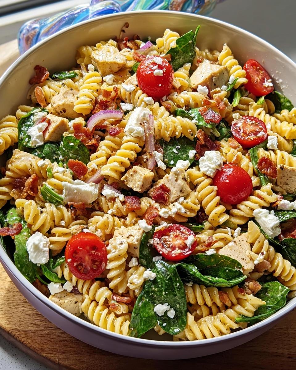 A close-up view of a vibrant Chicken Pasta Salad featuring rotini pasta, diced chicken, spinach, bacon, cherry tomatoes, and feta cheese.