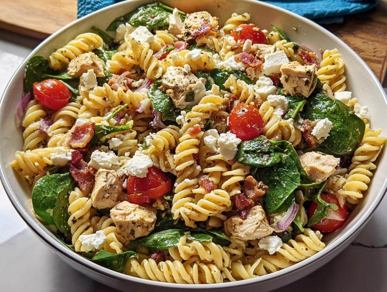 Close-up of a bowl filled with vibrant Chicken Pasta Salad featuring rotini pasta, chicken cubes, spinach, tomatoes, and feta cheese.