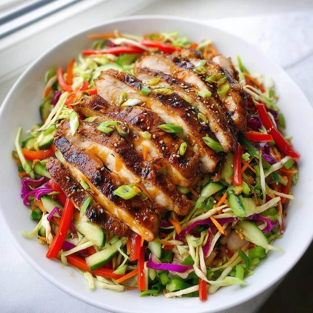 A bowl of Cold Asian Chicken Slaw topped with sliced, glazed chicken breast, garnished with sesame seeds and scallions.