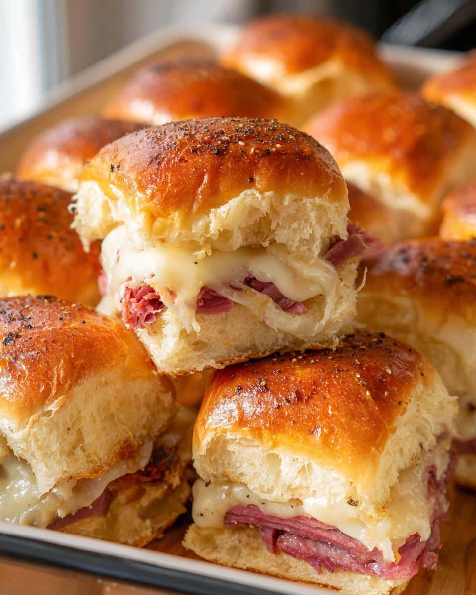 Close-up of gooey melted cheese oozing out of Amazing Corned Beef Sliders with poppy seed topping.