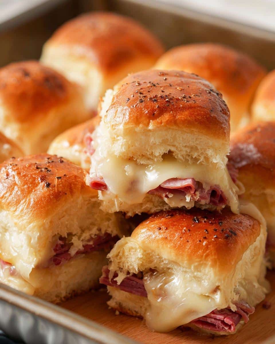 Close-up of gooey, melted cheese oozing out of baked Corned Beef Sliders on soft rolls.