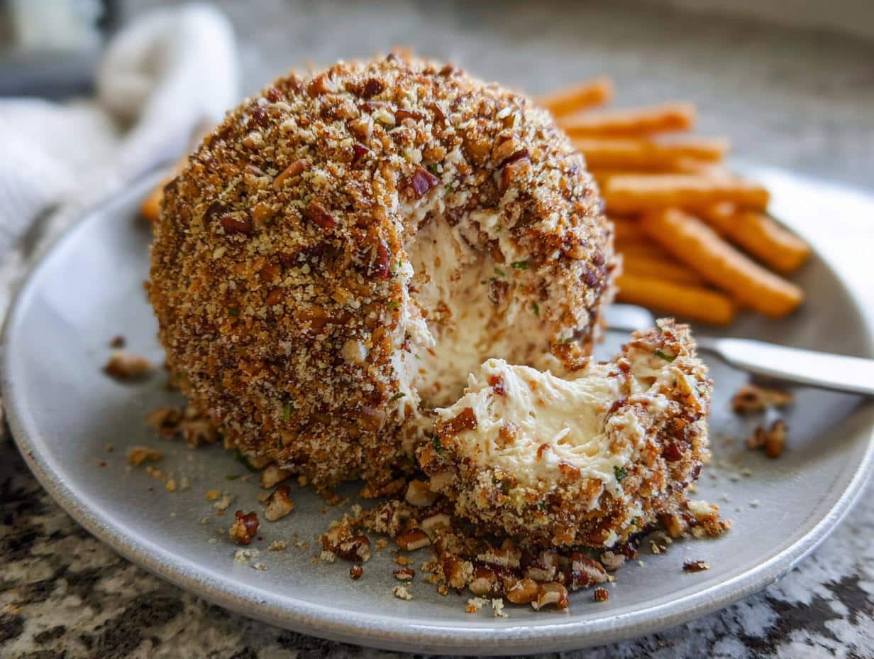 A portion scooped out of the Amazing Creole Cheese Ball coated in chopped pecans, served with crackers.