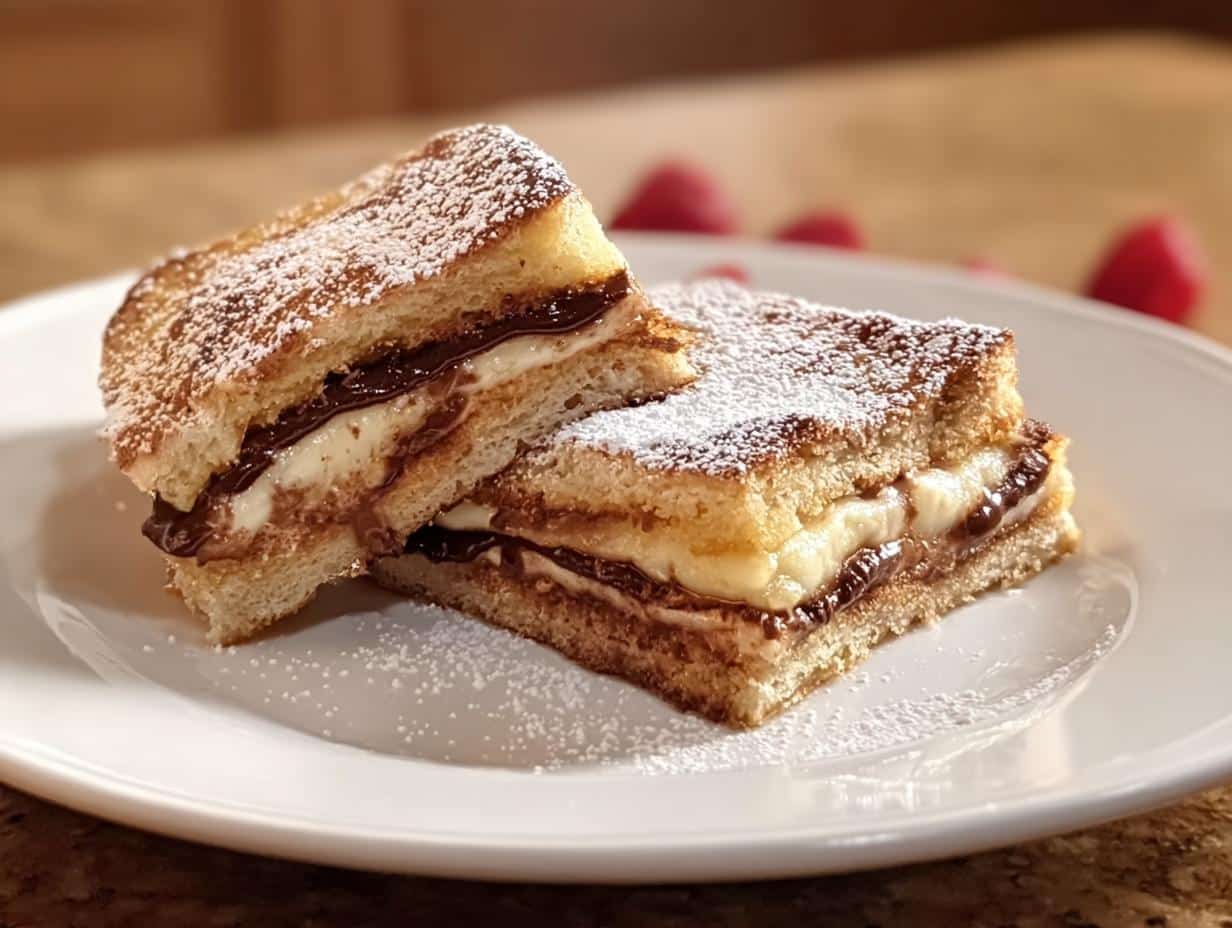 Two squares of sweet Grilled Cheese Cake filled with cream cheese and chocolate spread, dusted with powdered sugar.