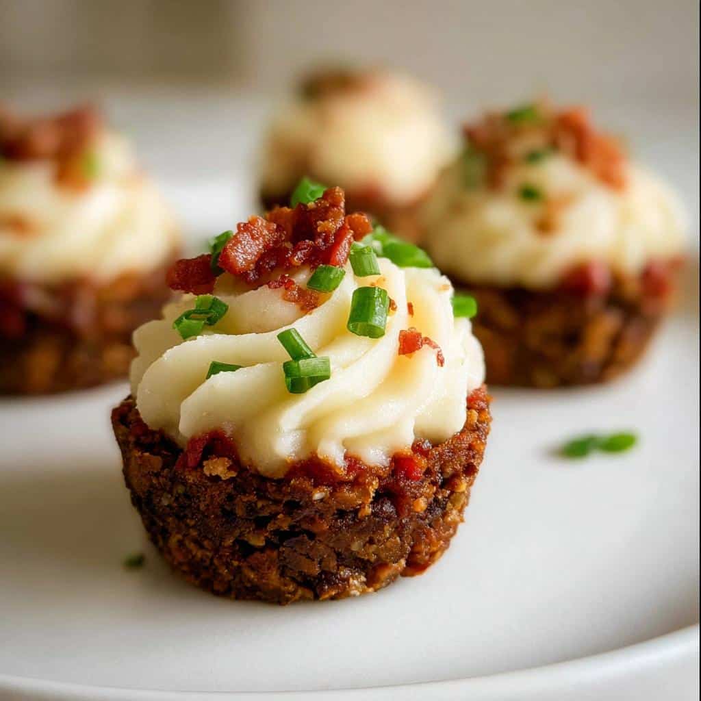 A close-up of one Meatloaf Cupcakes topped with piped mashed potatoes, bacon bits, and chives.