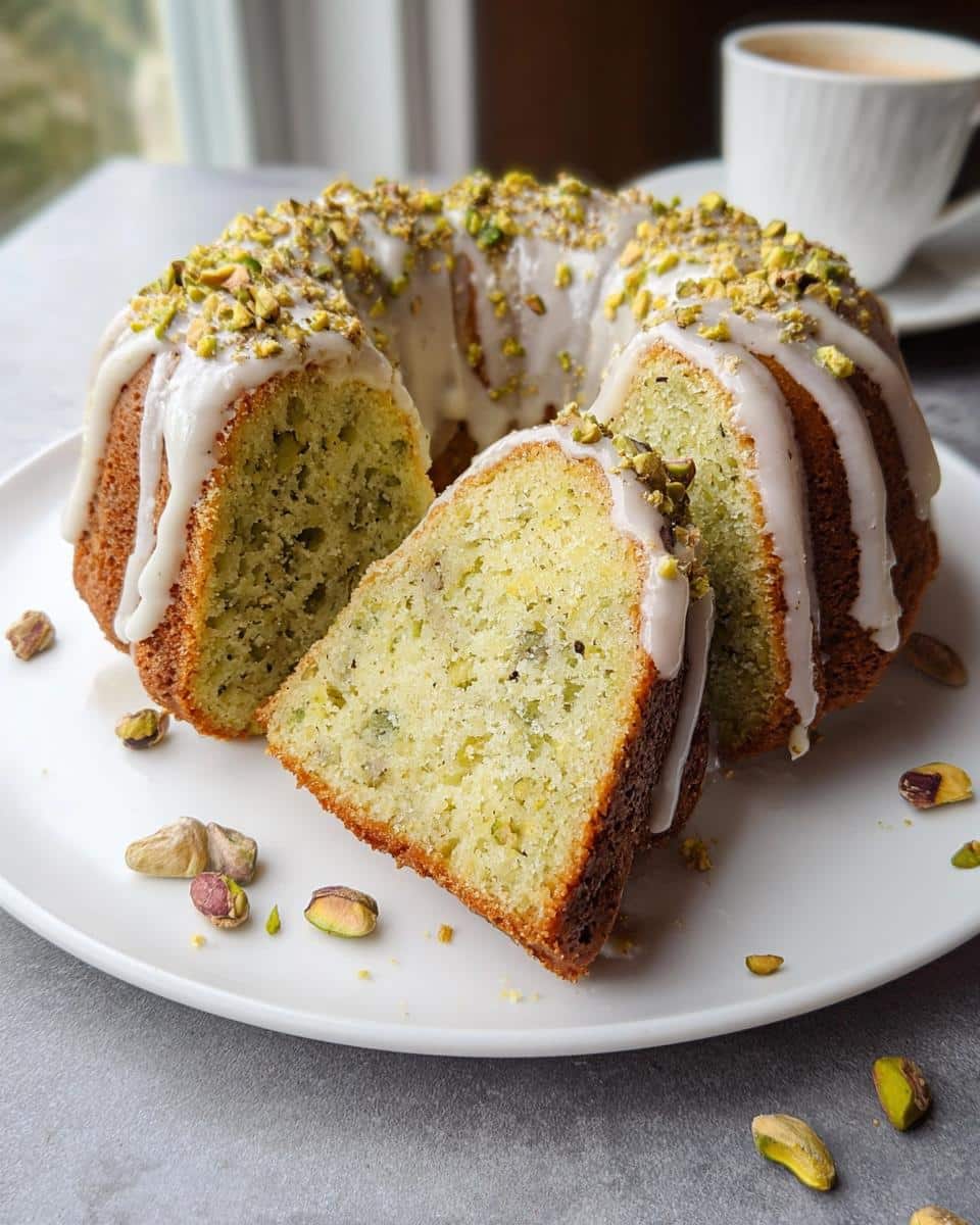 A slice cut from an Amazing Pistachio Bundt Cake topped with white glaze and chopped pistachios.