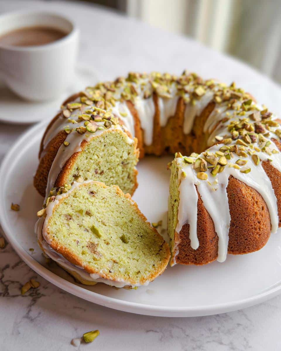 A slice cut from an Amazing Pistachio Bundt Cake topped with white glaze and chopped pistachios.