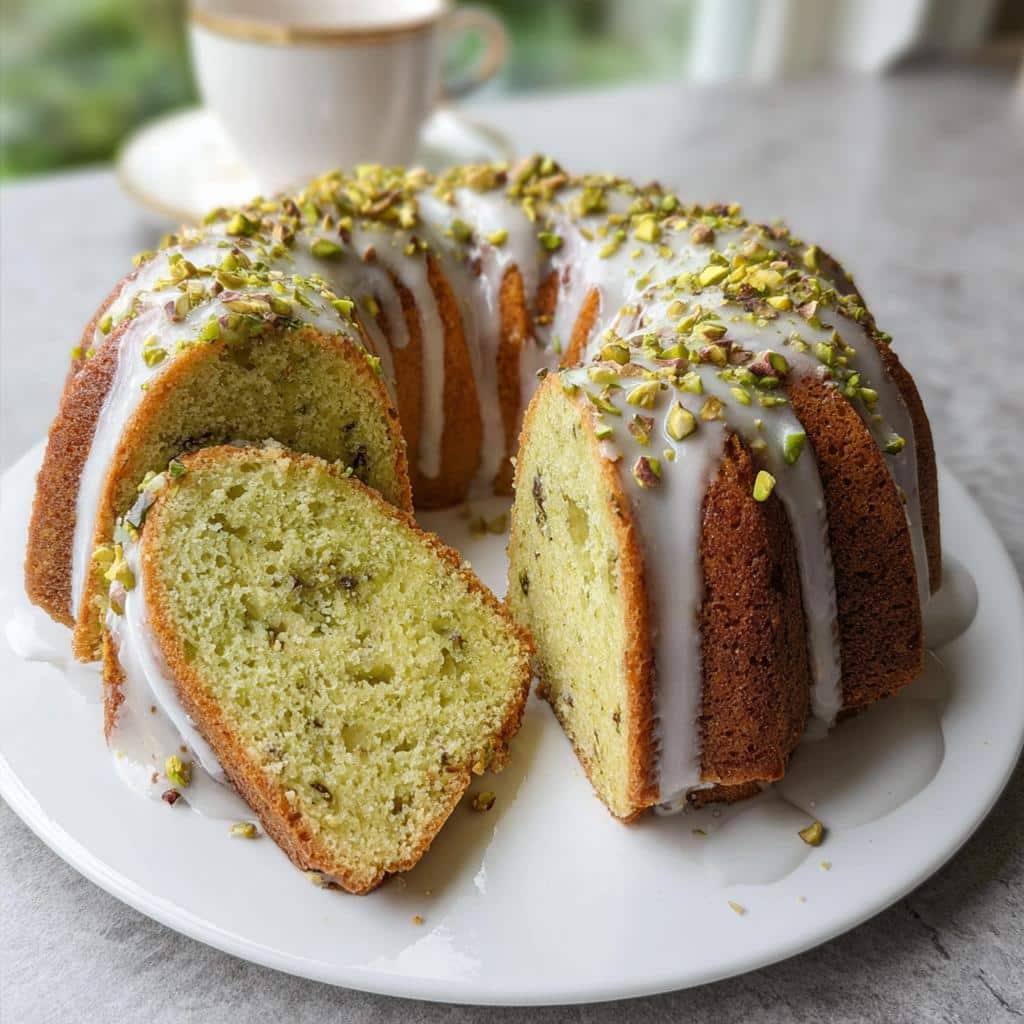 A slice cut from a vibrant green Pistachio Bundt Cake topped with white glaze and chopped pistachios.