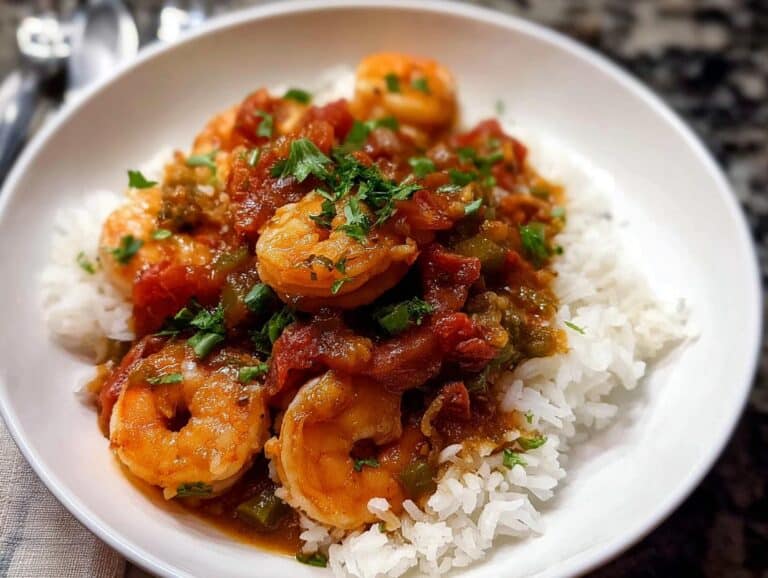 A close-up of flavorful Shrimp Creole served generously over white rice, garnished with fresh parsley.