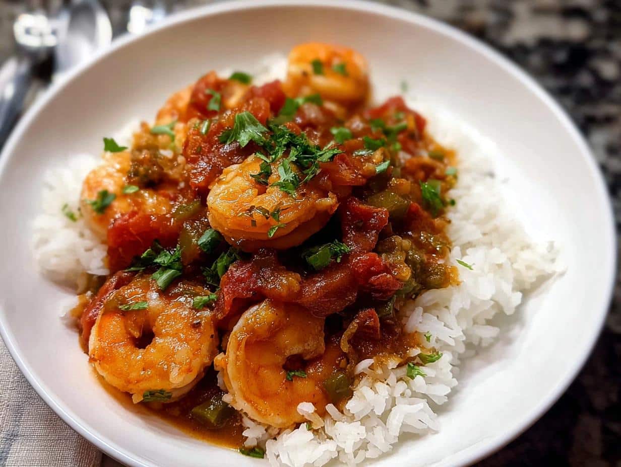 A close-up of flavorful Shrimp Creole served generously over white rice, garnished with fresh parsley.