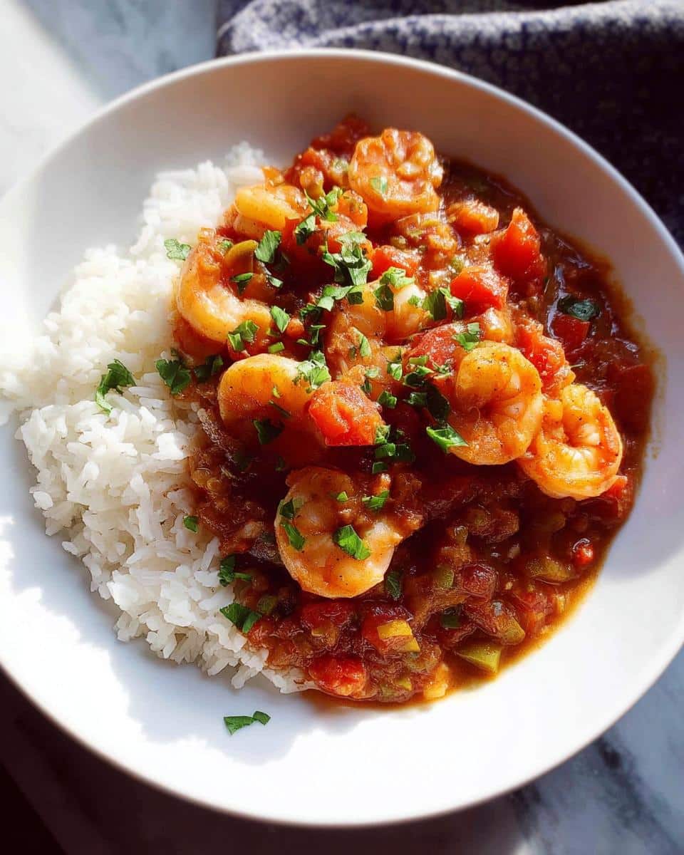 A white bowl filled with savory Shrimp Creole served next to fluffy white rice, garnished with fresh parsley.