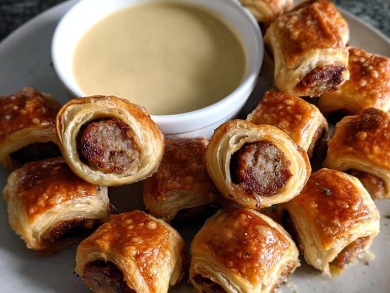 Close-up of golden, flaky Andouille Sausage Bites served with a small bowl of creamy dipping sauce.