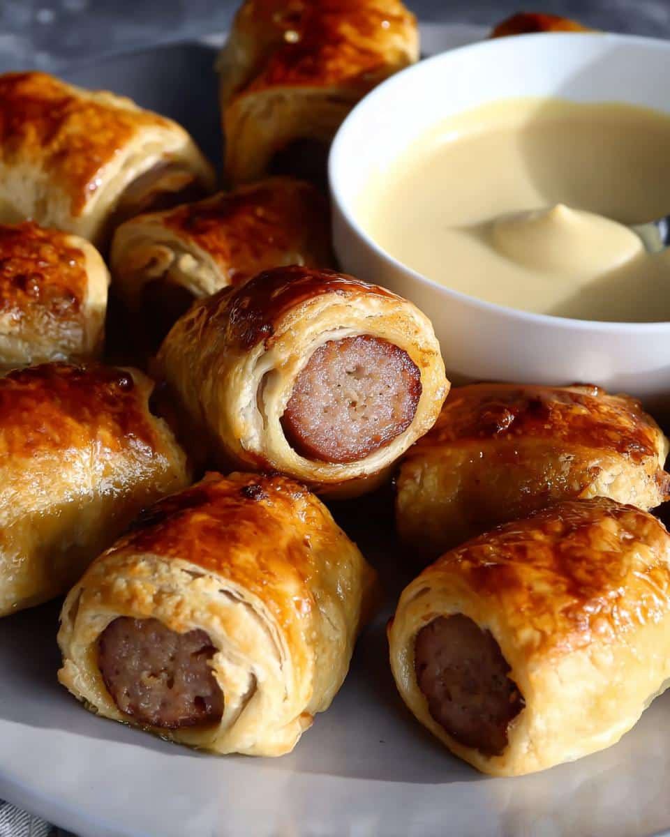 Close-up of golden brown Andouille Sausage Bites wrapped in flaky pastry served with a creamy dipping sauce.