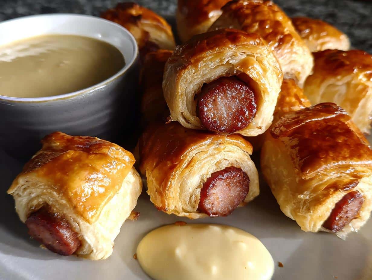 Close-up of golden brown Andouille Sausage Bites wrapped in flaky pastry served with a creamy dipping sauce.