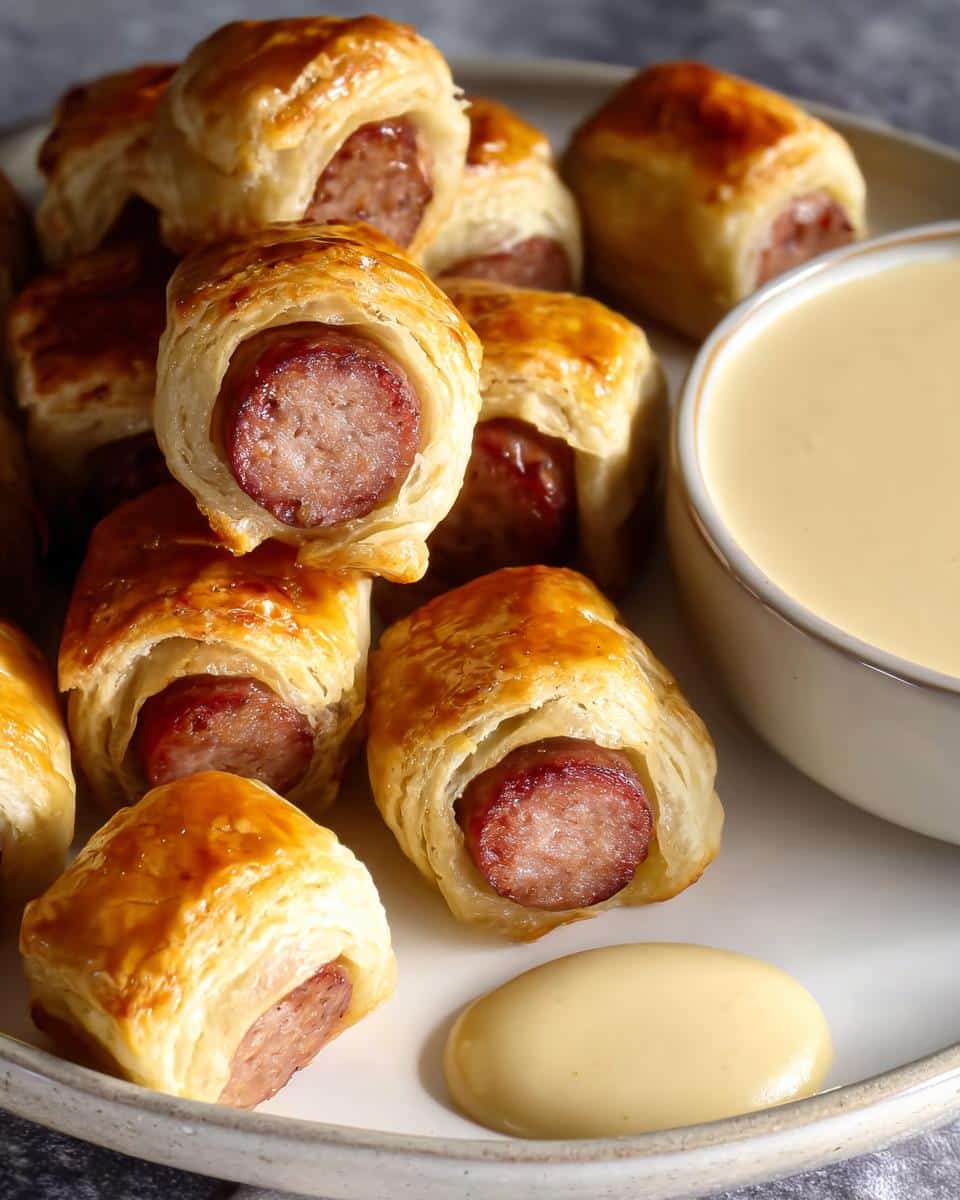 Close-up of golden brown Andouille Sausage Bites wrapped in flaky puff pastry, served with a side of dipping sauce.