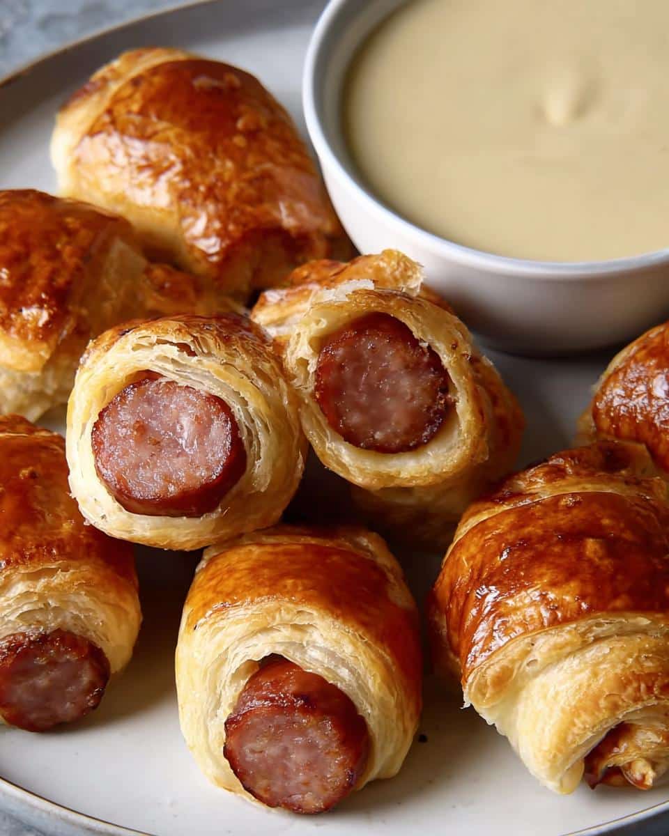 Close-up of golden baked Andouille Sausage Bites wrapped in flaky pastry, served with a side of dipping sauce.