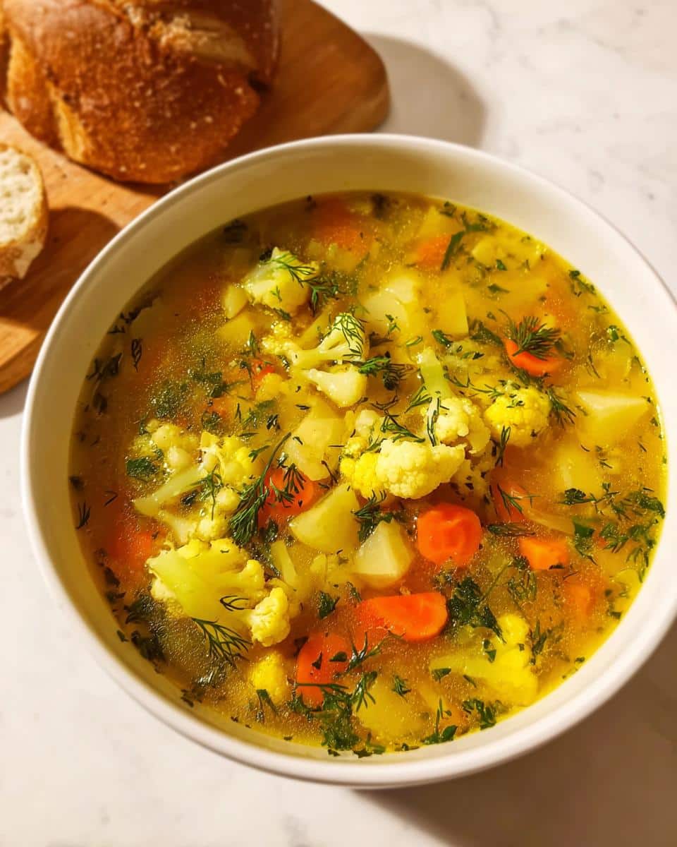 A close-up of a white bowl filled with Anti Bloat Vegetable Soup featuring cauliflower, carrots, potatoes, and fresh dill.