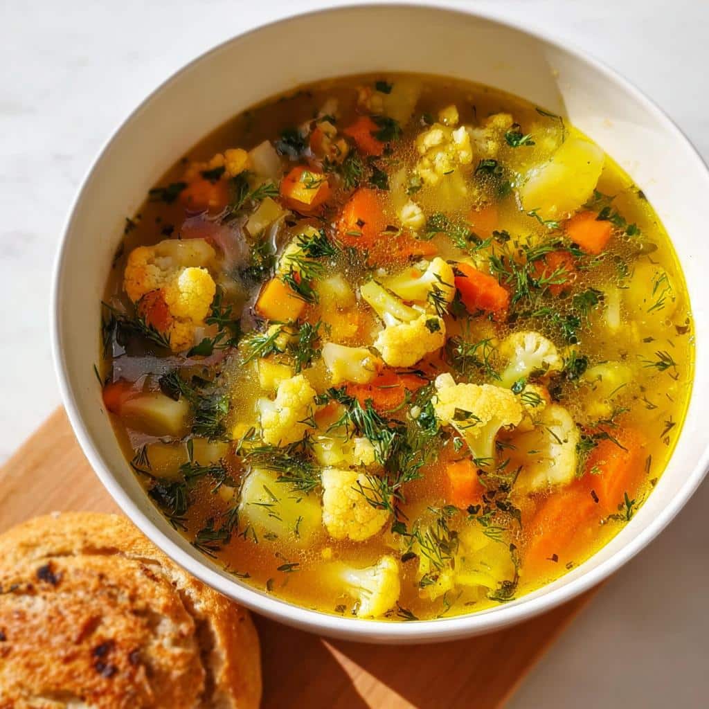 Close-up of a white bowl filled with vibrant Anti Bloat Vegetable Soup featuring cauliflower, carrots, and fresh dill.
