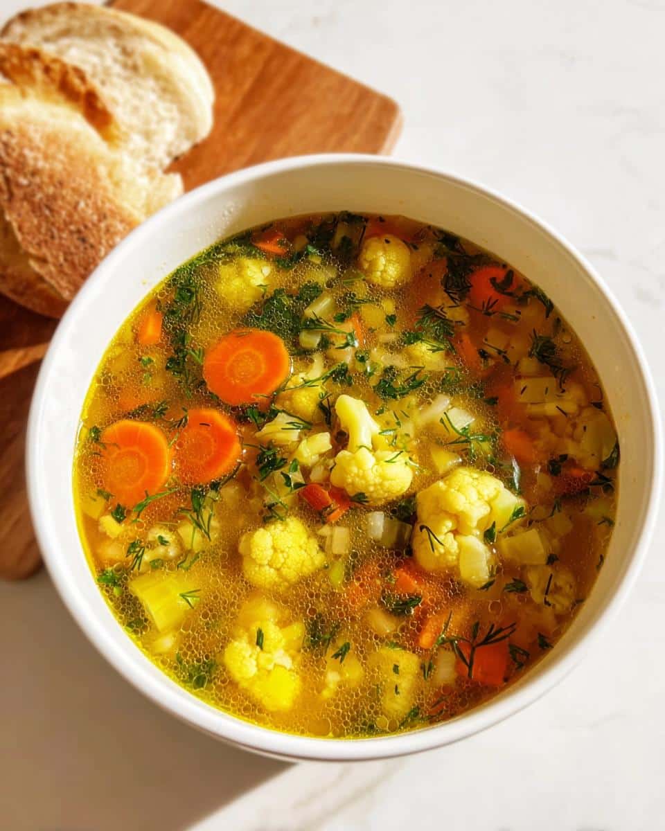 Overhead view of a white bowl filled with golden Anti Bloat Vegetable Soup featuring cauliflower florets and sliced carrots.