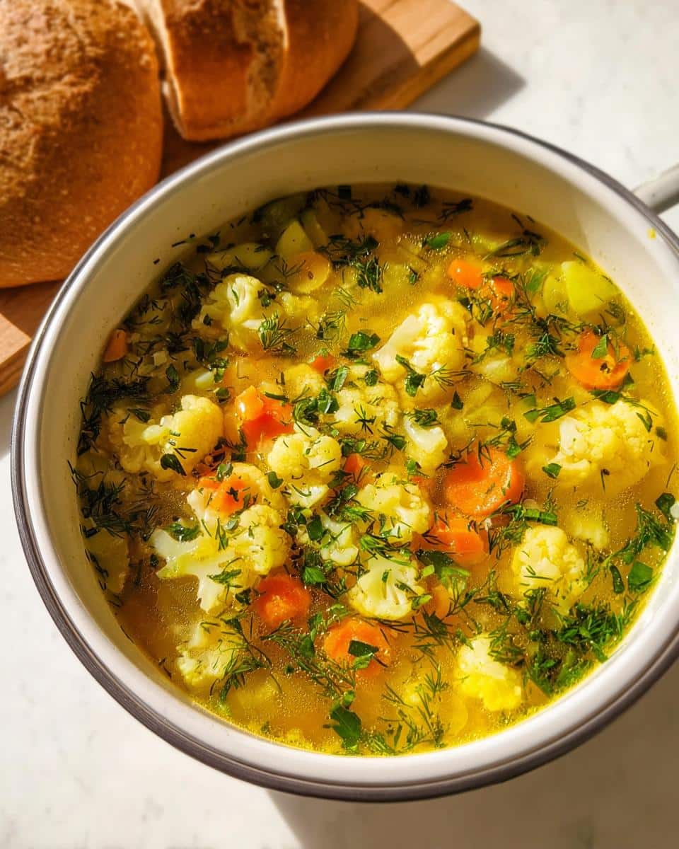 Close-up of a pot filled with bright Anti Bloat Vegetable Soup featuring cauliflower, carrots, and fresh dill.