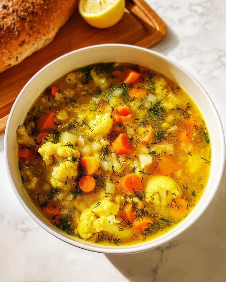 A close-up of a hearty bowl of Anti Bloat Vegetable Soup featuring cauliflower, carrots, and fresh dill.