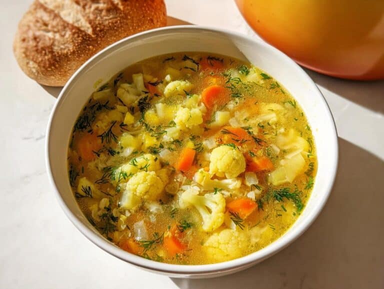 A bright white bowl filled with Anti Bloat Vegetable Soup featuring cauliflower, carrots, and fresh dill.