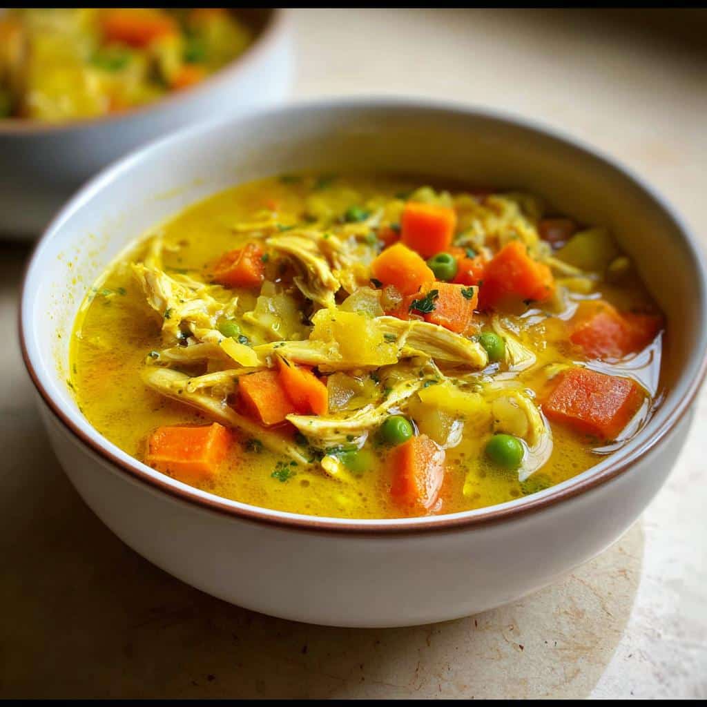Close-up of a bowl of Anti-Inflammatory Chicken Soup with shredded chicken, bright orange carrots, and green peas in a rich yellow broth.