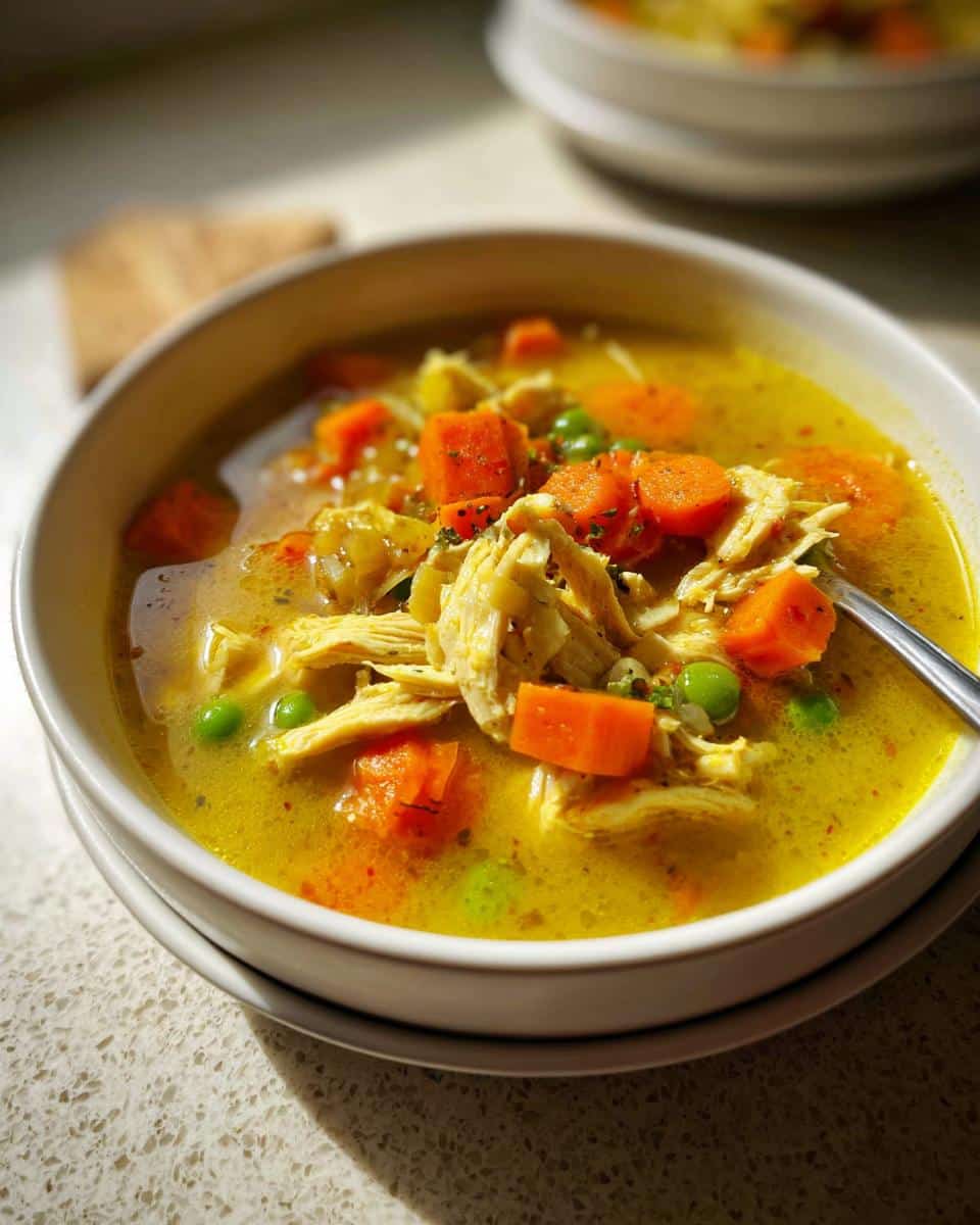 Close-up of a bowl of vibrant yellow Anti-Inflammatory Chicken Soup, featuring shredded chicken, bright orange carrots, and green peas.