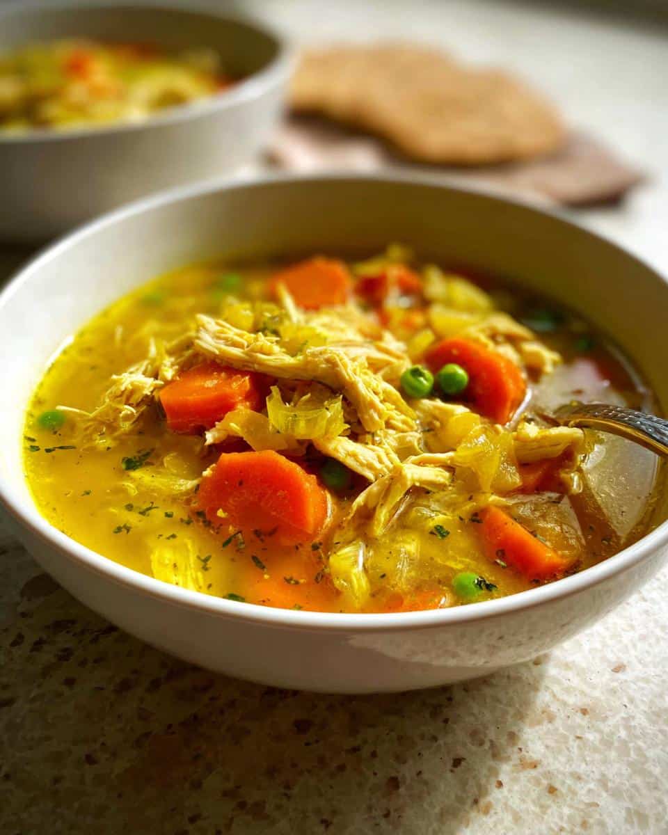 Close-up of a white bowl filled with Anti-Inflammatory Chicken Soup featuring shredded chicken, bright orange carrots, and green peas in a golden broth.