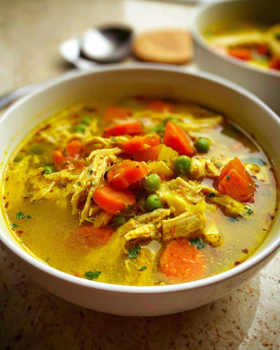 Close-up of a white bowl filled with vibrant Anti-Inflammatory Chicken Soup featuring shredded chicken, bright orange carrots, and green peas.