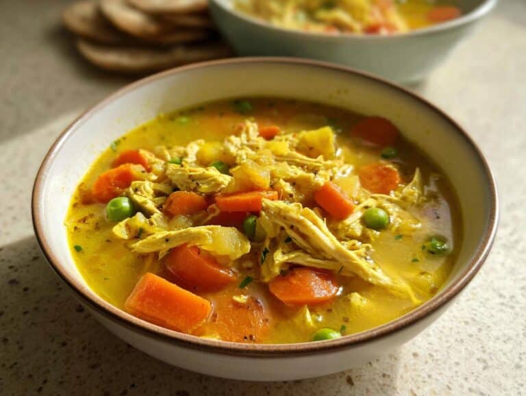 Close-up of a bowl filled with vibrant yellow Anti-Inflammatory Chicken Soup featuring shredded chicken, carrots, and peas.