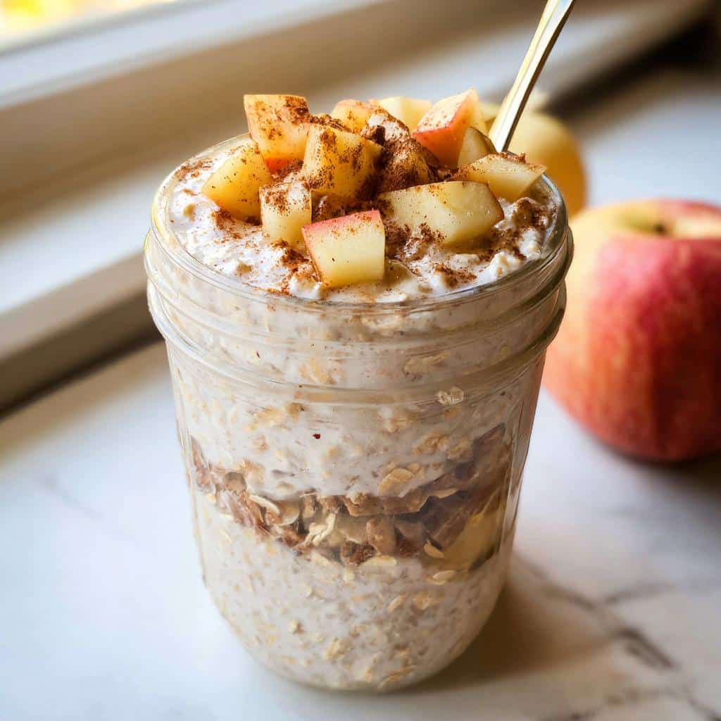 A glass jar filled with creamy Apple Cinnamon Overnight Oats, topped with diced apples and cinnamon.
