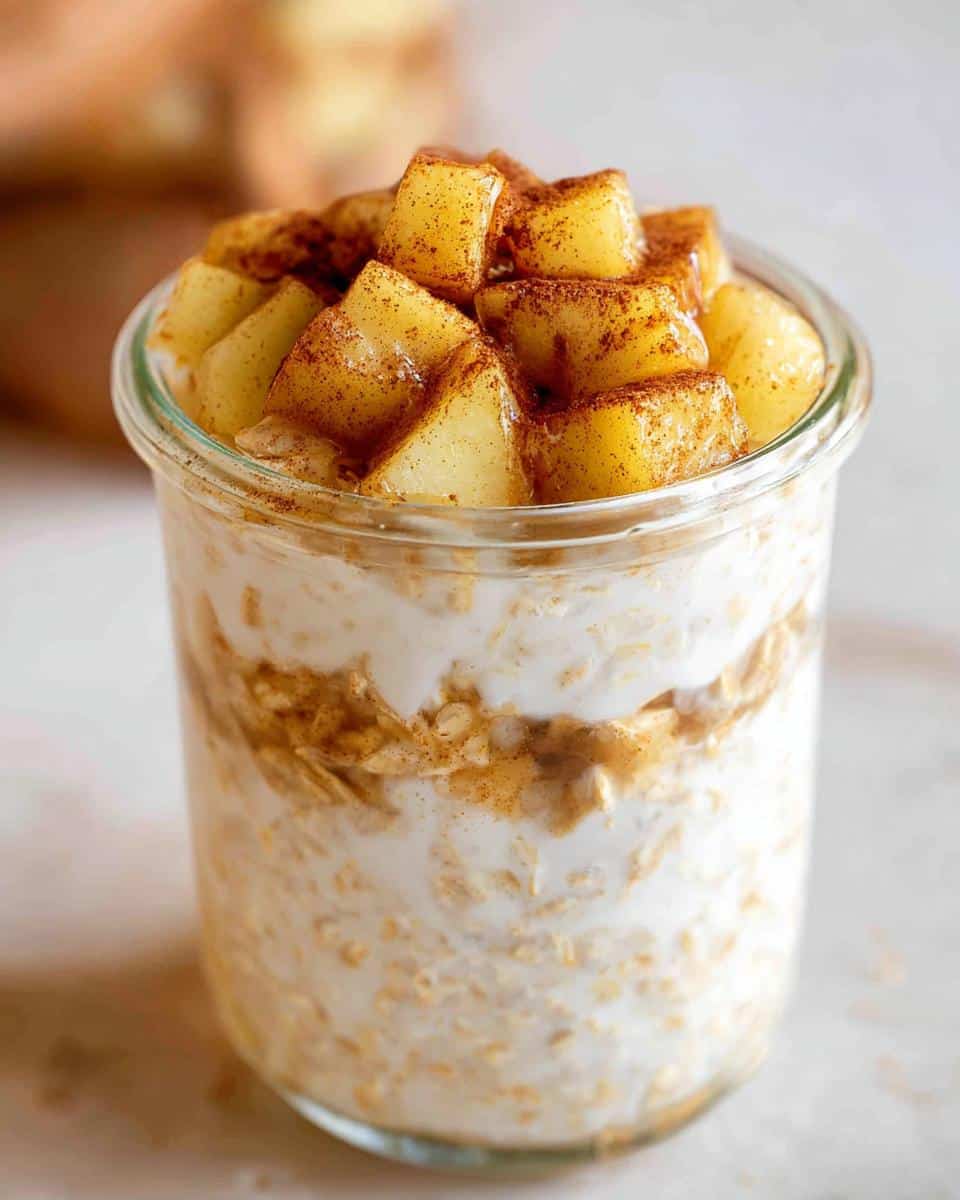 Close-up of Apple Cinnamon Overnight Oats (No Yogurt) topped with spiced apple chunks.