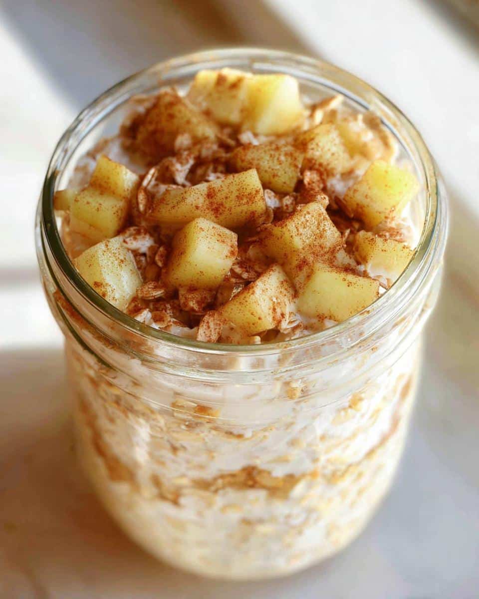 Close-up of Apple Cinnamon Overnight Oats (No Yogurt) topped with diced apples and cinnamon.