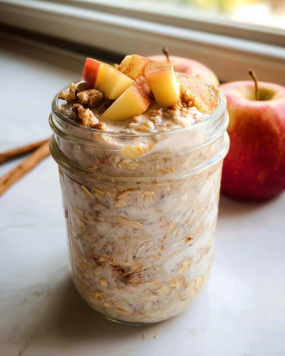 Close-up of Apple Cinnamon Overnight Oats in a mason jar, topped with fresh apple slices and cinnamon.