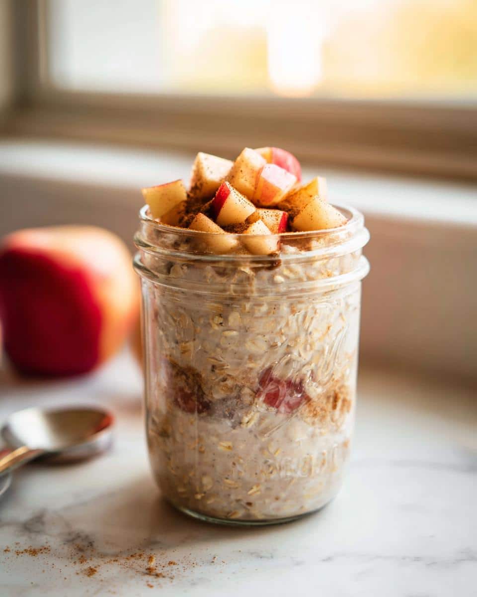 A jar filled with Apple Cinnamon Overnight Oats, topped with diced apples and cinnamon.
