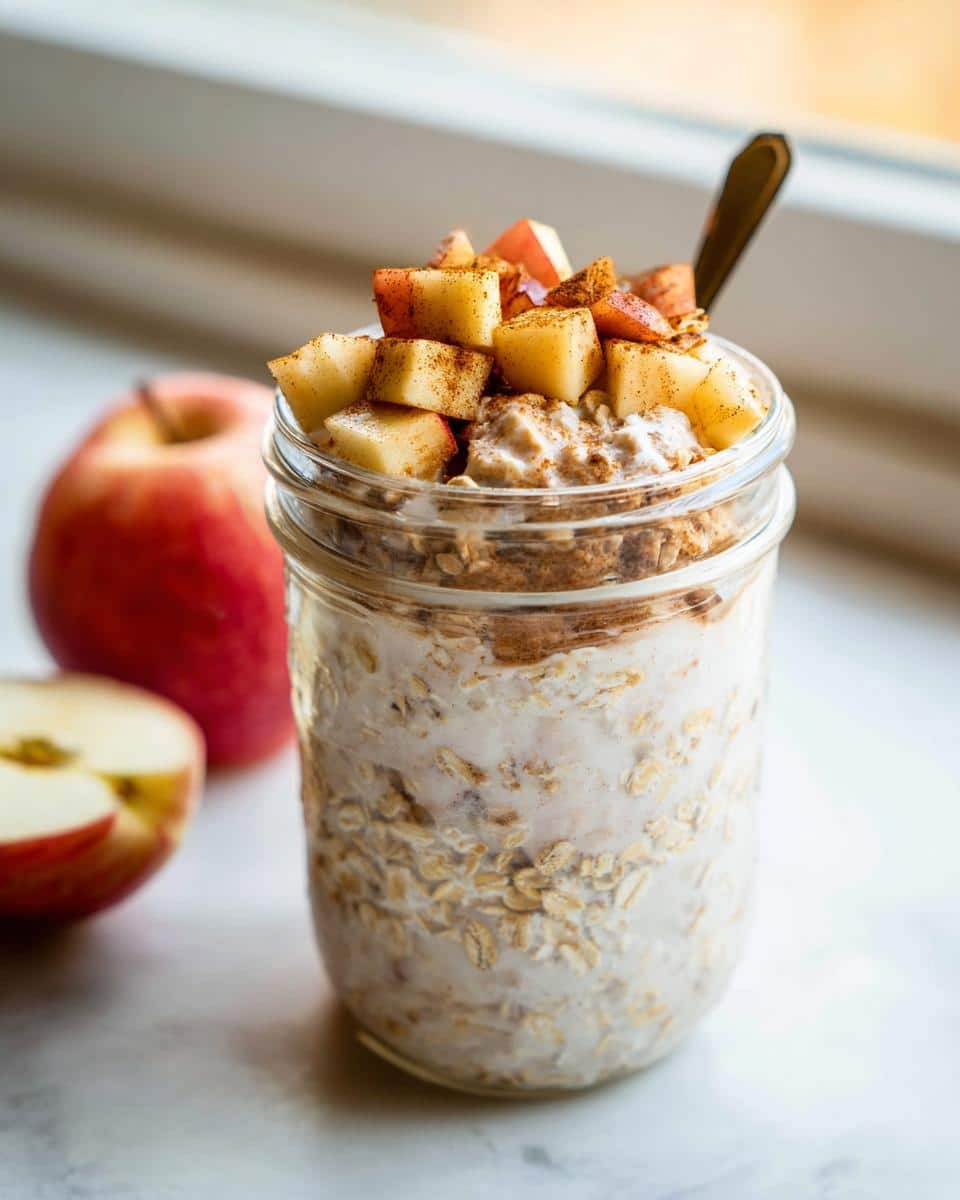 A jar filled with Apple Cinnamon Overnight Oats topped with diced apples and cinnamon.